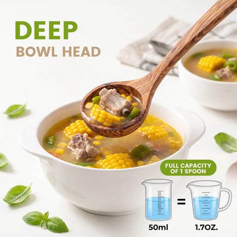 Premium Italian Olive Wood Ladle Kitchen Spoon That Totally Slaps With 12 Inch Long Handle and Deep Bowl Head for Cooking Soup uses deep bowl to scoop soup.