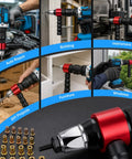 Upgrade Your Tool Kit With This Rock Solid Rivet Nut Gun Adapter For Fast And Easy Drill Installation That Saves Time, Fits Standard 1/4 Inch Drills And Works Like A Charm On Any DIY Project. Drill adapter with red head, 1/4 inch chuck, and mandrels for auto, furniture, and window use