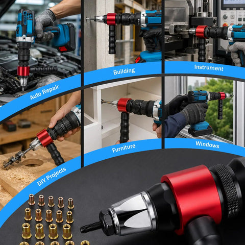 Upgrade Your Tool Kit With This Rock Solid Rivet Nut Gun Adapter For Fast And Easy Drill Installation That Saves Time, Fits Standard 1/4 Inch Drills And Works Like A Charm On Any DIY Project. Drill adapter with red head, 1/4 inch chuck, and mandrels for auto, furniture, and window use