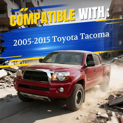 Red Toyota Tacoma driving through debris, compatible with Hood Struts Kit For Toyota Tacoma 2005 2015 Front Hood Shocks.