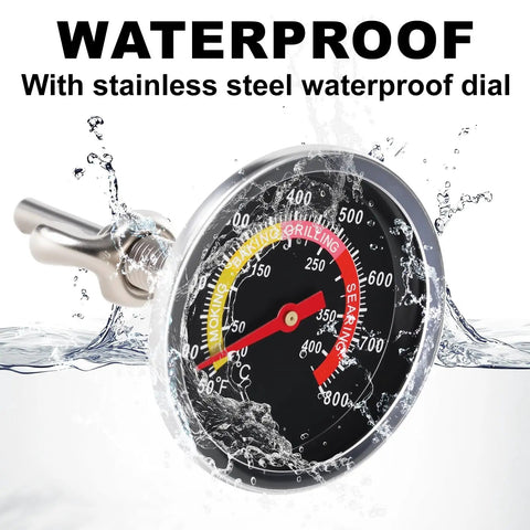 Grill Thermometer Built For Real Grilling With Two And Three Eighths Inch Oversized Dial And 50 To 800 Fahrenheit Range, Weatherproof Stainless Steel Gauge submerged in water