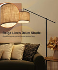 Arc Floor Lamp With Cantilever Arm For Couch And Reading Nook, Adjustable Height, Natural Linen Drum Shade, Matte Black Pole, Foot Switch