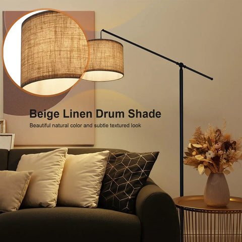 Arc Floor Lamp With Cantilever Arm For Couch And Reading Nook, Adjustable Height, Natural Linen Drum Shade, Matte Black Pole, Foot Switch