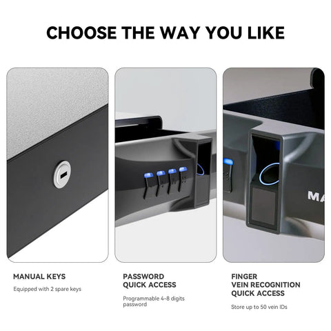 Heavy Duty Under Desk Gun Safe With Top Notch Biometric Finger Vein Lock For Dual Pistol features manual key, password, and finger vein access options.