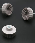 Two Pack White Bristle Discs 120 Grit, 2 Inch Abrasive Discs With 1/4 Shank for rotary tools, shown on black background
