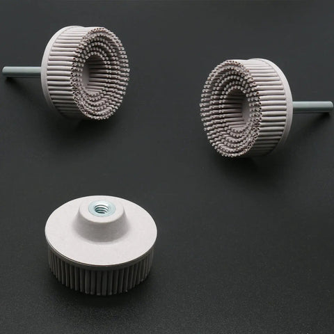 Two Pack White Bristle Discs 120 Grit, 2 Inch Abrasive Discs With 1/4 Shank for rotary tools, shown on black background