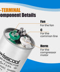 Top view of 45 Plus 5uF Dual Run Start Capacitor For Heat Pumps And Air Conditioners, 370 440VAC CBB65, showing 3-terminal connections.