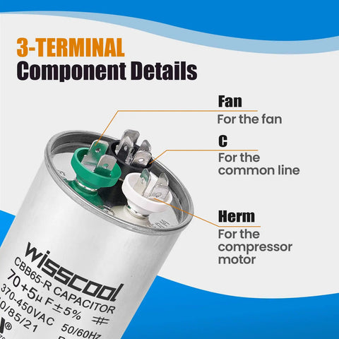 Top view of 45 Plus 5uF Dual Run Start Capacitor For Heat Pumps And Air Conditioners, 370 440VAC CBB65, showing 3-terminal connections.