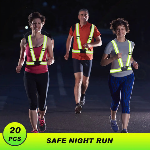 Joggers wearing 30 Pack Reflective High Visibility Safety Vests For Construction And Running Gear Lightweight Yellow Adjustable Straps One Size Fits Most Must Have For Construction Sites And Outdoor Work Nighttime Visibility Durable Lightweight Versatile Safety Gear.