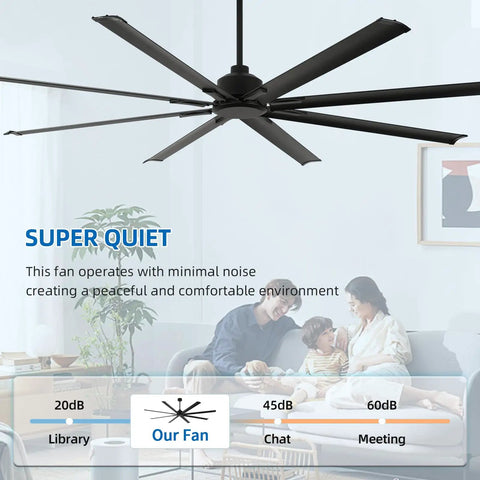 96 Inch Industrial Ceiling Fan Without Lights With 8 Reversible Aluminum Blades, 6 Speed Remote Control in living room