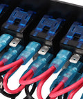 Back view of Eight Gang Aluminum Toggle Switch Panel For DC 12V To 24V Systems Waterproof Oxidized Black Finish 20A 5 Pin Blue LED