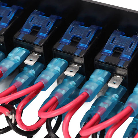 Back view of Eight Gang Aluminum Toggle Switch Panel For DC 12V To 24V Systems Waterproof Oxidized Black Finish 20A 5 Pin Blue LED