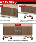 Steps to use 4 Pack Steel Tri-Dollies Set With 220 Lb Load Capacity, 3 Wheel Furniture Movers for Moving Furniture, Appliances, Cabinets