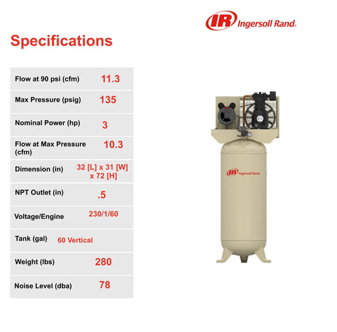 Specifications chart for Heavy Duty 3 Hp Single Stage Air Compressor With 60 Gallon Vertical Tank crafted from cast iron pump.