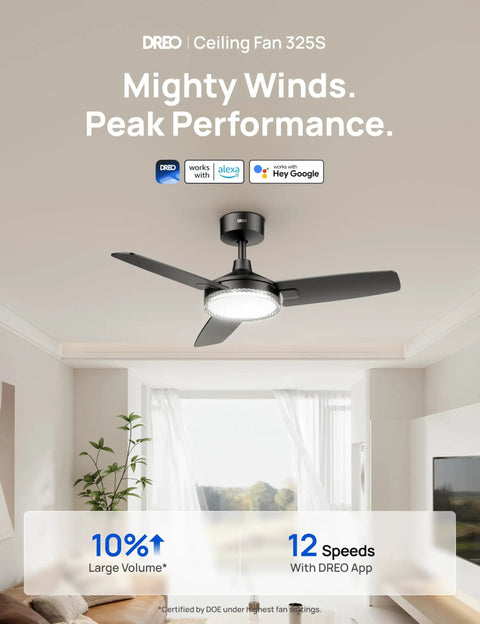 Smart Ceiling Fan With Lights, 42 Inch Black, 12 Speeds, 3 Modes, Stepless Color Tones, Dimmable LED Light in modern room
