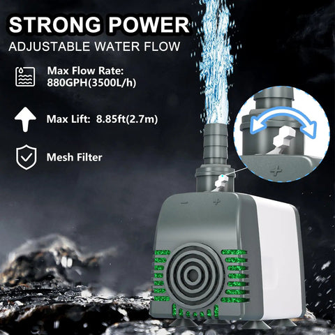 Kickin Efficiency Submersible Water Pump 880 GPH With 10 Ft Cord Ultra Quiet Operation For Fountains Ponds Aquariums Hydroponics