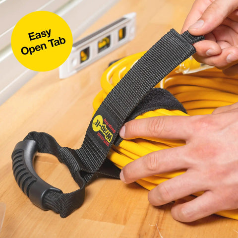 Person using Heavy-Duty 28 Inch Storage Straps Set 2-Pack No-Fuss Hook And Loop Cord Carrier Hanger on yellow cable