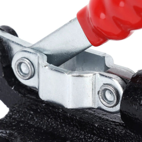 Heavy Duty Quick Release Toggle Clamp A Real Workhorse With 230Kg Holding Capacity For Drilling Cutting Welding And Tool Assembly Metalworking And PCB Bonding Applications Stainless Steel And Plastic Construction For Built To Last Performance, close-up red handle