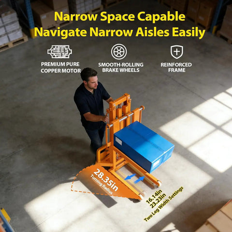 Heavy Duty Electric Pallet Stacker With 660 Lbs Capacity Lift Height 47 Inches Smart Remote Control Adjustable Forks For Warehouse Garage Logistics And Home Use, navigating narrow aisles.