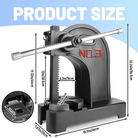 Heavy Duty 3 Ton Arbor Press With Ergonomic Handwheel And Non Slip Grip 12 Inch Tall Cast Iron Desktop Machine dimensions showing 12in height and 18.11in width.