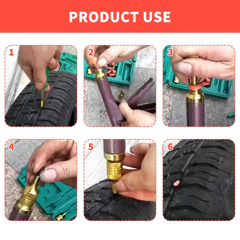 Tire Repair Kit With 90 Mushroom Plug Heads For Tubeless Tires shown repairing a tire puncture in sequence of steps
