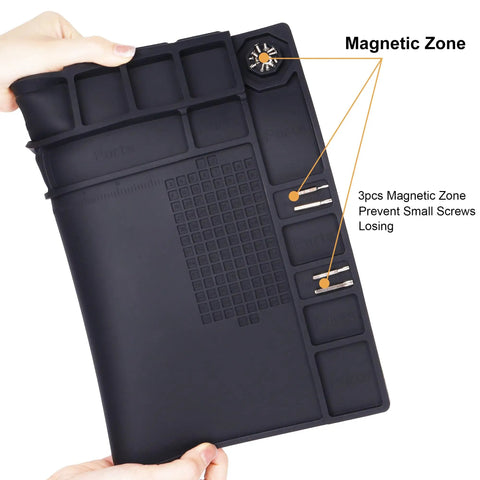 Magnetic Silicone Soldering Mat 932F Heat Resistant Pro Grade Electronics Repair Surface held showing magnetic zones