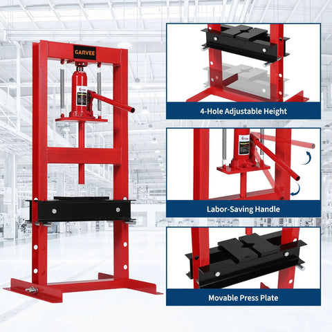 6 Ton Hydraulic H Frame Shop Floor Press For Auto Repair And Metalwork, Heavy Duty Beast, Garage Ready Beefy Build, Precise Alignment, Carbon Steel Construction, Powder Coated Finish, Industrial Grade Stability red 6-ton press with adjustable height