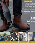 Man using power tool wearing Men's Steel Toe Waterproof Work Boots With Slip Resistant Outsole And Anti Static Safety Shoes Built For The Job Site All Day Comfort With A Wide Toe Box ASTM F2413 I 75 C 75 Rated For Tough Work.