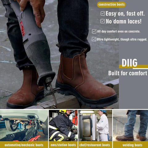Man using power tool wearing Men's Steel Toe Waterproof Work Boots With Slip Resistant Outsole And Anti Static Safety Shoes Built For The Job Site All Day Comfort With A Wide Toe Box ASTM F2413 I 75 C 75 Rated For Tough Work.