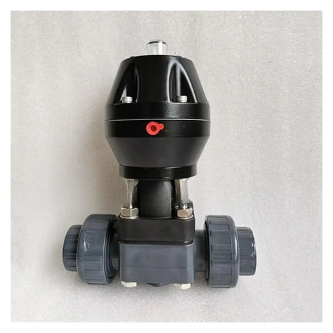 Heavy Duty Pneumatic Diaphragm Valve Double Acting Plastic Housing For Compressed Air And Coolant Lines Offering Smooth Motion And A Bulletproof Leak Barrier Dn25 Projects with black and gray body.
