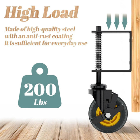 Side view of Two Pack 4 Inch Gate Casters With Brake Heavy Duty 250 Lb Capacity Spring Loaded Absorbing Solid Rubber Wheels