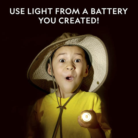 Battery Making Science Kit For Kids DIY Potato Clock And Coin Powered Flashlight Hand On STEM Projects Learn Electricity With Easy Experiments At Home Hands On Learning For Curious Kids, child holding flashlight
