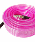Reinforced Polyurethane Air Hose One Quarter Inch By One Hundred Feet Pink Transparent With Swivel Quick Coupler And Plug Bend Restrictor
