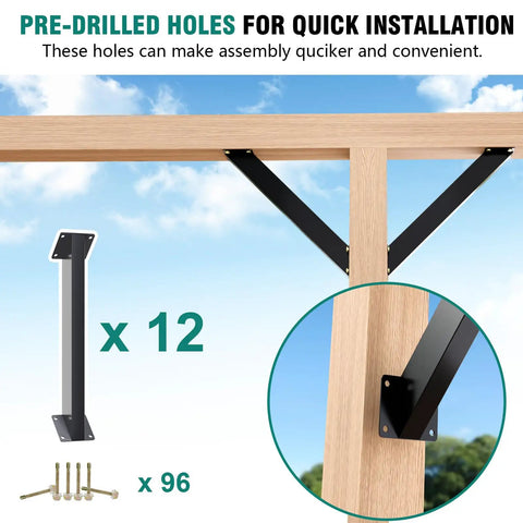 12 Pack 45 Degree Angle Support Brackets For Wood Post And Beam, Corner Braces For Pergola Gazebo Desk Edge, DIY Kit With Heavy Duty Steel, Easy Install, No Cutting Required, Keeps Your Structure Rock Solid