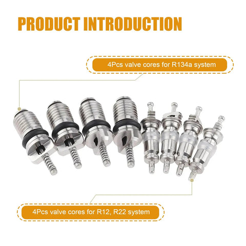 16 Piece AC Valve Core Kit for R134A with Pressure Caps and Service Valves, Universal AC System Charging Port Maintenance Accessories for Most Cars, Trucks, and SUVs, Black shown with 4 R134a and 4 R12 valve cores.
