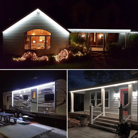 Lit 40Ft LED Rope Lights Dimmable Indoor Outdoor Waterproof 6000K Daylight White on houses and RV at night