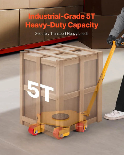 Heavy Duty Machine Skate With 8800 Lbs Capacity, 360 Degree Rotation Cap, PU Swivel Rollers moving a large crate in warehouse