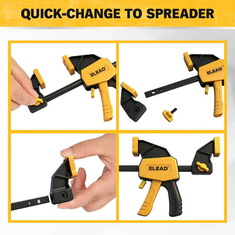 Two 6 Inch Mini Bar Clamps For Woodworking Set With One-Handed F Clamp And Spreader, quick-change feature demonstration