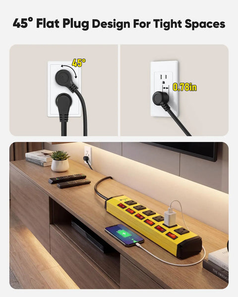 Dope Heavy Duty Surge Protector With Individual Switches And Wide Spaced 6 Outlets 6 Foot Cord 15 Amp Power Strip For Home Office And Gaming Setup Energy Saver By Turning Off Specific Devices, yellow desk power strip