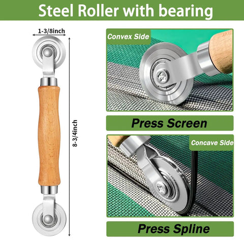 Steel roller with wooden handle and bearing for Three In One Screen Repair Kit With Nylon Roller, Steel Roller And Removal Hook.
