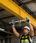 Portable Aluminum Horizontal Sliding Beam Anchor For Construction Safety Adjustable I Or H Beam Clamp With Carry Bag No Sweat Setup in use.