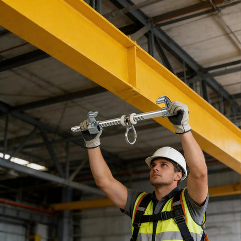 Portable Aluminum Horizontal Sliding Beam Anchor For Construction Safety Adjustable I Or H Beam Clamp With Carry Bag No Sweat Setup in use.