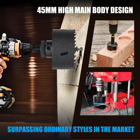 Heavy Duty 5/8 Inch 16mm M42 Bi-Metal Hole Saw Set With Hex Shank Arbor drilling wood and metal surfaces.