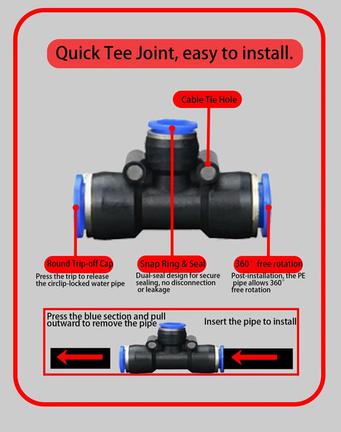 Quick tee joint of All In One Drip Irrigation Kit With 50 Ft Hose, 16 360 Degree Adjustable Mist Sprayers