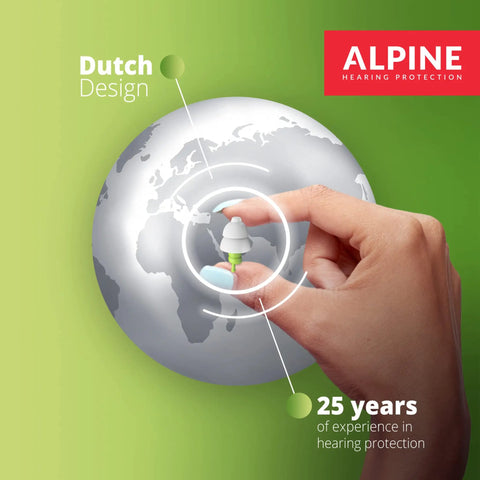Hand holding Ultra Soft Earplugs For Side Sleepers With Custom Molding Filters against globe with Dutch design and 25 years experience text