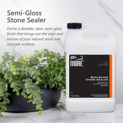 Hella Tough Semi Gloss Stone Sealer For Natural Stone Pavers Tile And Concrete With A Smooth Wet Look Finish That Keeps Oil And Water Spills At Bay Indoors Or Out Using A Water Based Formula For Serious Daily Protection In A One Gallon Size, displayed beside green plants.