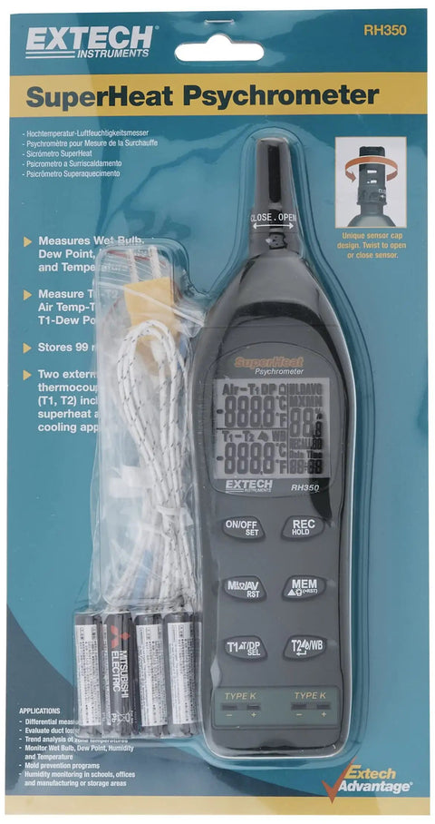 Packaged Dual Input Hygro Thermometer Psychrometer with Superheat Differential, LCD display, and Type K probes