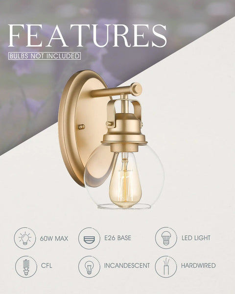 Single Trendy Gold Bathroom Vanity Light Wall Sconce over Mirror with Clear Glass Globe and Bluebell Flower Design