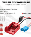 Complete Power Wheel Battery Adapter For Milwaukee 18V Packs with wire harness, 40A fuse, screws, and connectors for Peg Perego Cars.