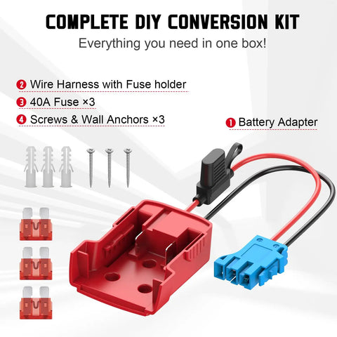 Complete Power Wheel Battery Adapter For Milwaukee 18V Packs with wire harness, 40A fuse, screws, and connectors for Peg Perego Cars.